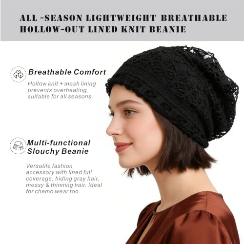 Women's Soft Lined Hollow Out Knit Slouchy Beanie - color: Black