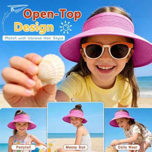 ZOORON Girls Straw Sun Visor Hat, Wide Brim Ponytail Beach Hat with Bow - color: Rose Red