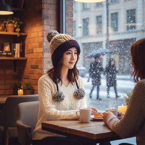 HUAMULAN Women Winter Sherpa Knit Beanie Hat Fleece Lined Ear Flaps - color: M8375-zangqing