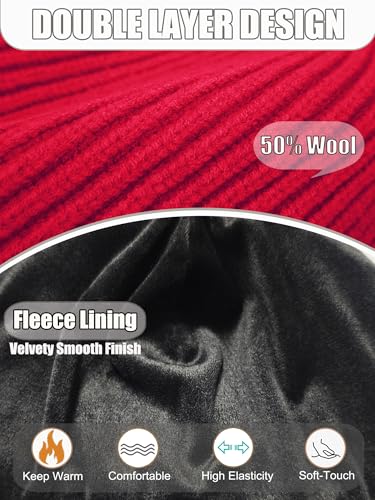 Short Wool Fisherman Beanie for Men Women Fleece Lined Winter Hat - color: 1pcs Red