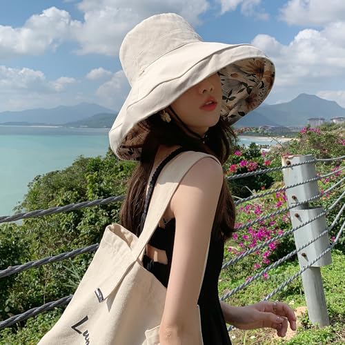 Women Bohemian Reversible Sun Hat Wide Brim Fishing Hats - color: Beige Boho Print
