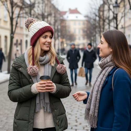 HUAMULAN Women Winter Sherpa Knit Beanie Hat Fleece Lined Ear Flaps - color: M8375-jiuhong