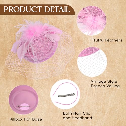 Fascinator Hat Veil Feather Fascinator Tea Party Bridal Wedding Veil Retro Hat Pillbox Hat - color: Peachy Pink