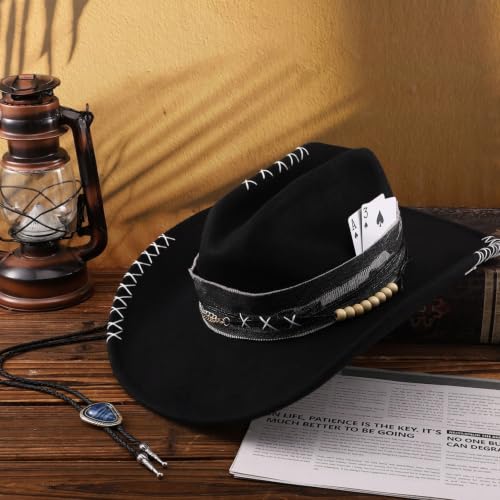 Black Cowboy Hat for Men Women Felt Western Hat with Blue Stone Necklace