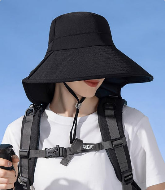 UV-Sun-Protection Wide-Brim-Sun-Hat for Womens - Foldable Sun-Bucket-Hat with Neckflap Summer Outdoor Safari Cap - color: Black