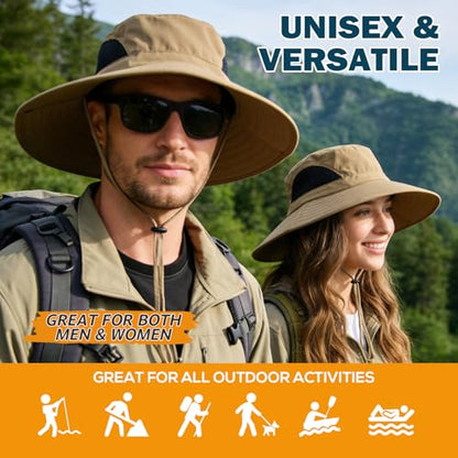 Wide Brim Sun Bucket Hat, Waterproof Boonie Hat for Men & Women - color: 01 Camel