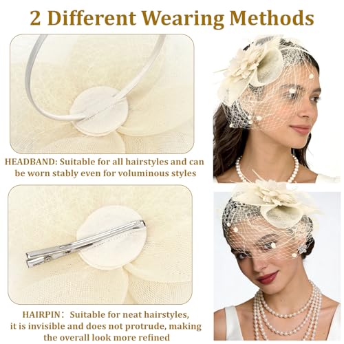 Semato Fascinators Hats for Women Mesh Feathers Elegant Champagne Tea Party Kentucky Hat Derby Headband with Hair Clip - color: Off-white