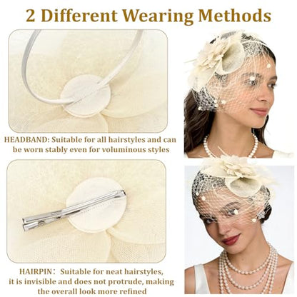 Semato Fascinators Hats for Women Mesh Feathers Elegant Champagne Tea Party Kentucky Hat Derby Headband with Hair Clip - color: Off-white
