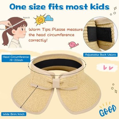 ZOORON Girls Straw Sun Visor Hat, Wide Brim Ponytail Beach Hat with Bow - color: Beige