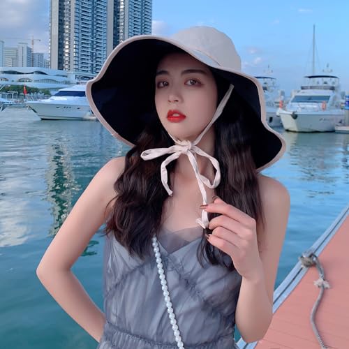 HUAMULAN Women Summer Vacation Wide Brim Sun Hat Reversible Fishing Hats - color: M0004-blackbeige