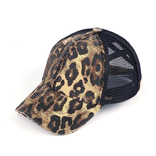 C.C. Childrens' Kids' Girls' Criss Cross High Bun Adjustable Mesh Trucker Baseball Cap - color: Cotton Twill, Leopard