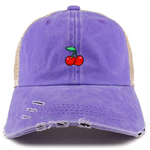 Trendy Apparel Shop Cherry Patch Pigment Dyed Mesh Back Frayed Bill Trucker Cap - color: Purple