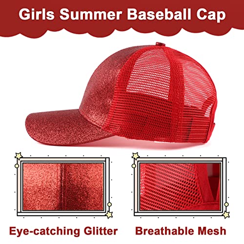 Zsedrut Girls Glitter Baseball Cap Kids Adjustable Ponytail Hat Toddler Summer Mesh Trucker Hats - color: Red