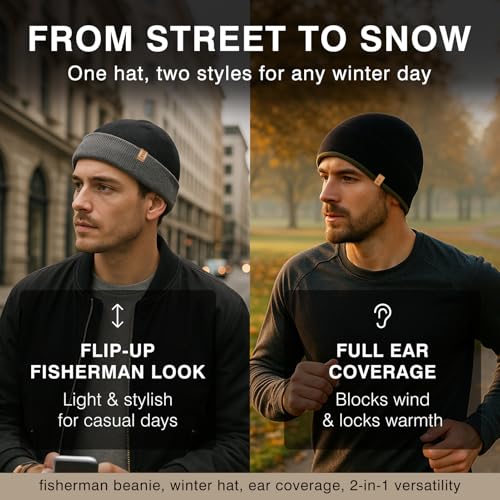 TOP-EX Merino Wool Fisherman Beanie for Men Women, Knit Watch Cap Winter - color: Black / Gray, size: Medium-Large