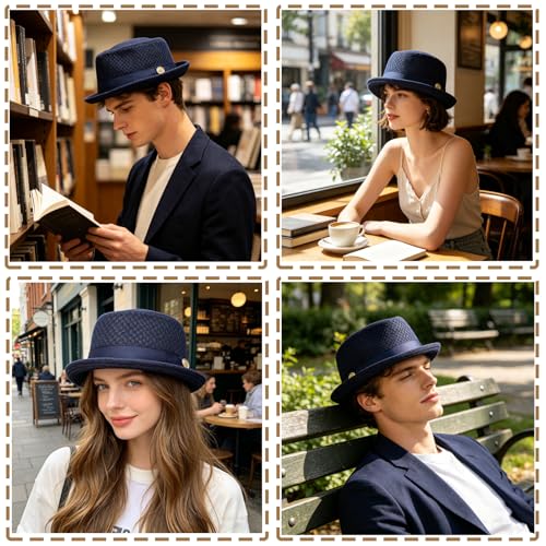 XGOPTS Unisex Summer Mesh Straw Porkpie Hat Trilby Jazz Fedora Panama Hats - color: Dark Blue