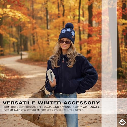 Funky Junque Beanie for Women Ultra Soft Chenille Faux Fur Pom Pom Winter Hats Warm Ski Cap Fashion - color: Daisy - Navy