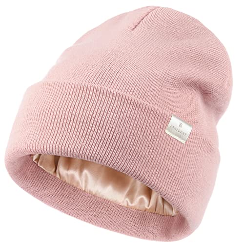 YANIBEST Satin Lined Beanie for Women, Reduce Frizz Winter Hats - color: Blush Pink