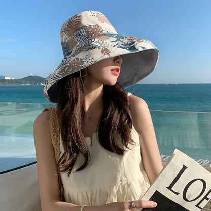 Women Wide Brim Sun Protection Hat Summer Fishing Hats - color: Blue and Leaf Print