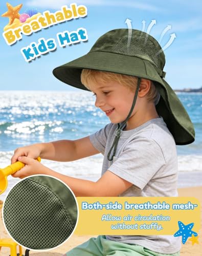 Rosoz Kids Sun Hat with Neck Flap UV Protection Summer Toddler Beach Hat Unisex Ponytail Hat Wide Brim Fishing Hat - color: 1pack-dark Green