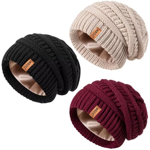 3 Pack Satin Lined Beanie for Women, Warm Slouchy Winter Hats with Silk Lined, Fashionable Oversized Cable Knit Hat Skull Cap - color: Black, Oatmeal, Burgundy
