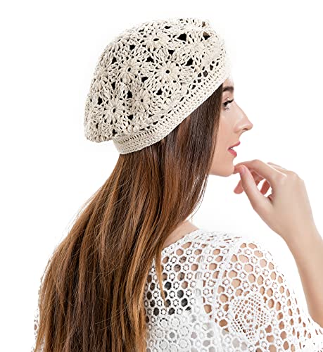 ZLYC Women Cotton Slouchy Crochet Beret Handmade Cutout Floral Beanie Hat - color: Plain Beige