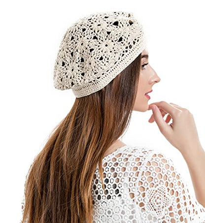ZLYC Women Cotton Slouchy Crochet Beret Handmade Cutout Floral Beanie Hat - color: Plain Beige