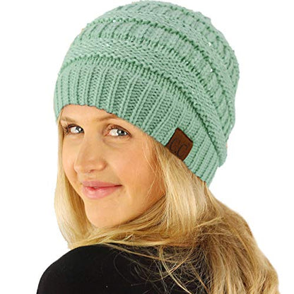CC Classic Winter Fall Trendy Chunky Stretchy Cable Knit Beanie Hat - color: Sequins Mint