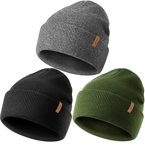 Beanie for Men Women, Winter Double Layer Warm Hat Skull Cap - color: Green+black+dark Grey