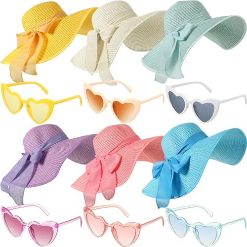 Jeyiour 12 Pcs Women Floppy Sun Hat and Heart Sunglasses Set, Wide Brim Straw Hats with Bow, Tea Party & Beach Pool Favors - color: Fresh Colors, style: Glitter