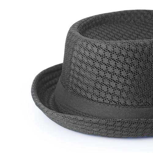 Luwint Cute Fedora Hat - Lightweight Breathable Mesh Crushable Roll Up Short Brim Bowler Derby Cap - color: Black & Blue