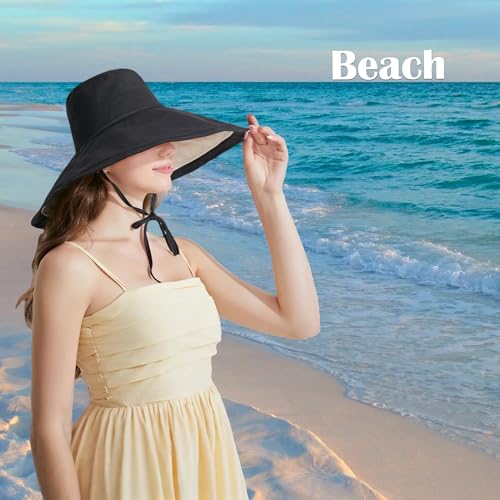 Women Bohemian Reversible Sun Hat Wide Brim Fishing Hats - color: M3016-blackbeige