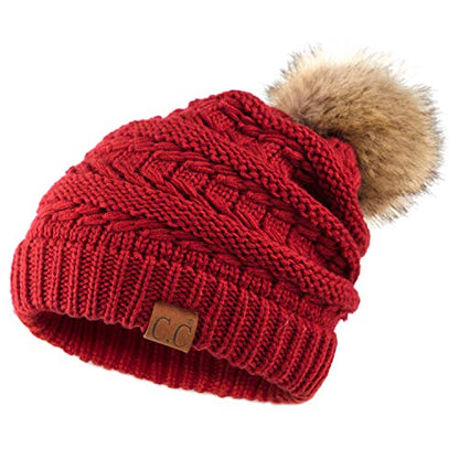 C.C Hatsandscarf Exclusives Unisex Solid Ribbed Beanie with Pom (HAT-43) - color: A Chili Pepper-tilted Stitch