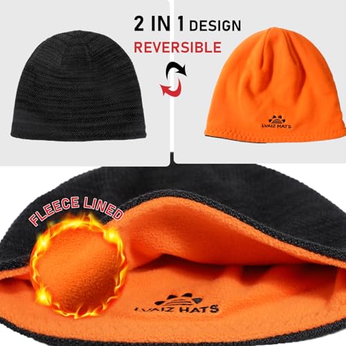 2 Pack Fleece Lined Beanie Hat Reversible Knit Skull Cap for Men Women - color: Black+blue