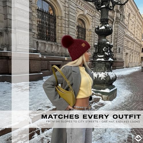 Funky Junque Beanie for Women Ultra Soft Chenille Faux Fur Pom Pom Winter Hats Warm Ski Cap Fashion - color: Terry Chenille - Burgundy