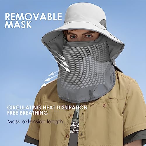 Outdoor Sun Hat Detachable Neck Face Flap UPF 50+UV Protection Visor Fishing Hats with Neck Flap for Men & Women - color: Light Grey