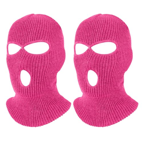 Pukavt 2 Pack 3 Hole Winter Knitted Mask, Ski Mask Balaclava Cap - color: Rose Red