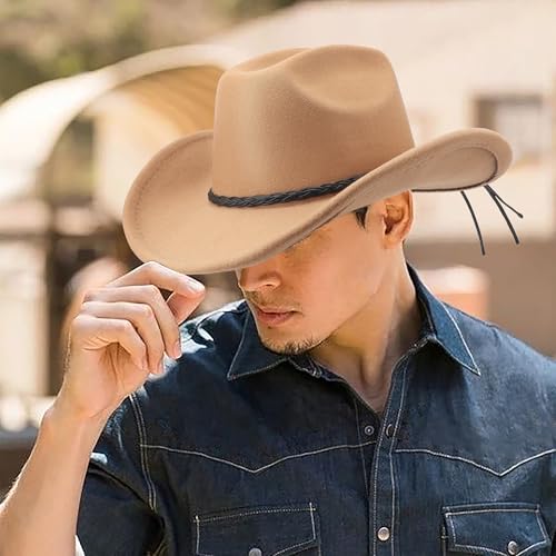 DRESHOW Western Cowboy Hat for Men Women Cowboy Cowgirl Hat Outdoor Wide Brim Retro Felt Fedora Hats Unisex Rolled up Caps - color: 1 Pack Style 8: Camel
