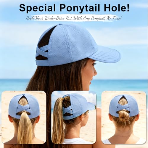 Women's Wide Brim Sun Hat with Ponytail Hole, UV Protection Criss Cross Sun Visor Hat, Lightweight & Quick-Drying Beach Cap - color: Blue
