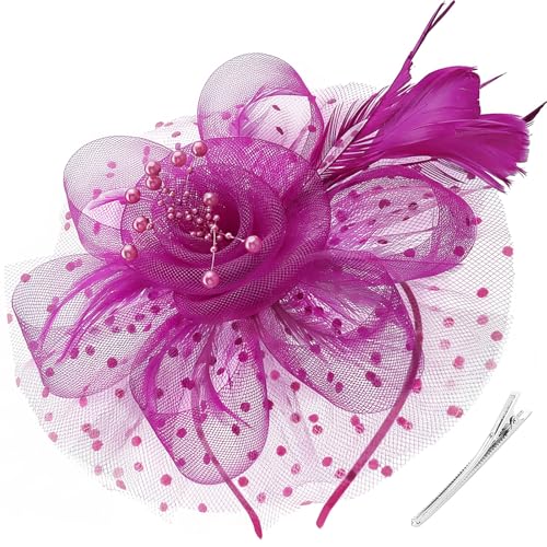 DRESHOW Fascinators Hat Flower Mesh Ribbons Feathers on a Headband and a Clip Tea Party Headwear for Girls and Women - color: 7" Diameter / Dark Reddish Purple