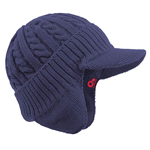 Women's Winter Cable Knitted Visor Beanie Fleece Lining Ear Flap Baseball Cap Hunting Trapper Hat with Billed - color: Blue,navy