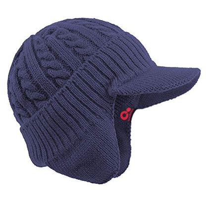 Women's Winter Cable Knitted Visor Beanie Fleece Lining Ear Flap Baseball Cap Hunting Trapper Hat with Billed - color: Blue,navy