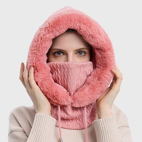 Women’s Knitted Beanie Hat with Face Cover - 3 in 1 Winter Balaclava with Mask Scarf Ear Muffs Pompom Fleece Lined Snow Caps - color: Rose Pink-c