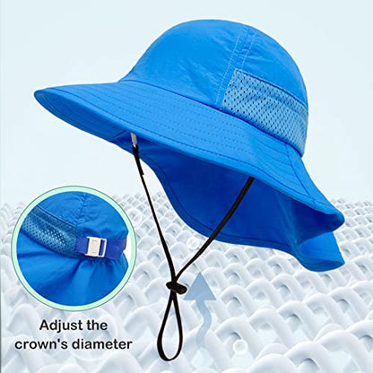 XIAOHAWANG Girls Sun Hat Baby Beach Hats Boys UPF 50+ Kids Summer Protection Cap Toddler Breathable Caps Wide Brim Neck Flap - color: Blue, size: 6-12 Years