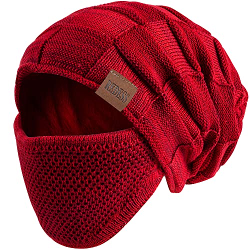 REDESS Beanie Hat for Men and Women Winter Warm Hats Knit Slouchy Thick Skull Cap with Face Cover - color: D6 Red