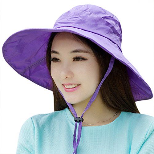 Women Summer Rain UV UPF 50 Sun Protection Wide Brim Hat - Foldable Bucket Sun Hat - color: Light Purple