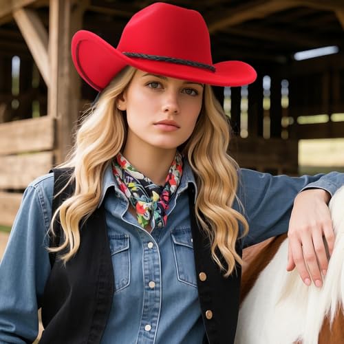DRESHOW Western Cowboy Hat for Men Women Cowboy Cowgirl Hat Outdoor Wide Brim Retro Felt Fedora Hats Unisex Rolled up Caps - color: 1 Pack Style 8: Red