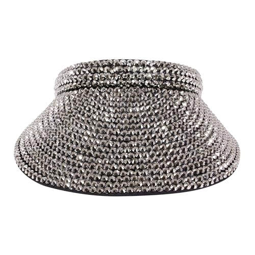 Haoohu Shiny Rhinestones Clip On Sport Sun Visor Hat for Women Men Outdoor Adjustable Wide Brim Summer Cap - color: Silver Gray