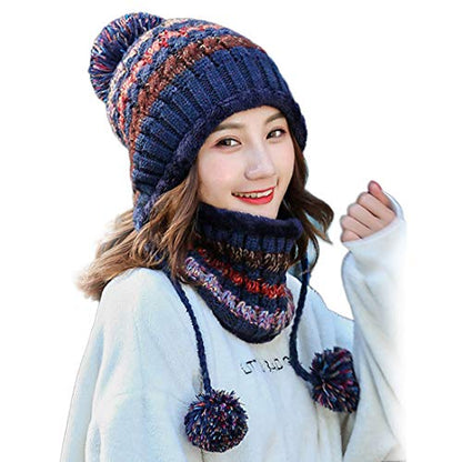 HUAMULAN Women Winter Knit Beanie Hat Circle Scarf Set Pompoms Ear Flaps - color: Navy
