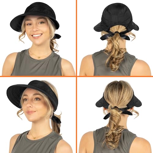 SUN CUBE Womens Sun Hat UV Protection Wide Brim Zip-Off Golf Visor - color: Black