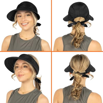 SUN CUBE Womens Sun Hat UV Protection Wide Brim Zip-Off Golf Visor - color: Black